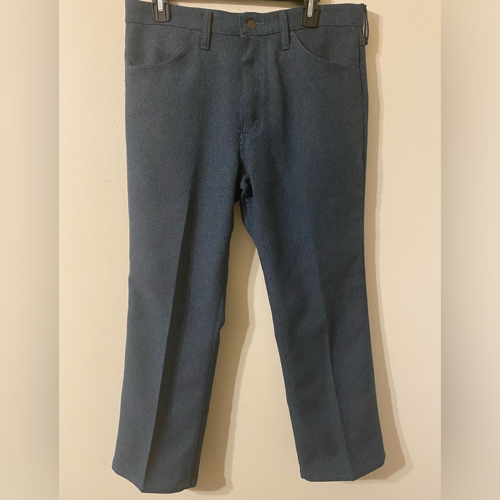 VTG Vintage Mens 1970s Wrangler Made In USA Blue Polyester Slacks 34”‎ Waist
